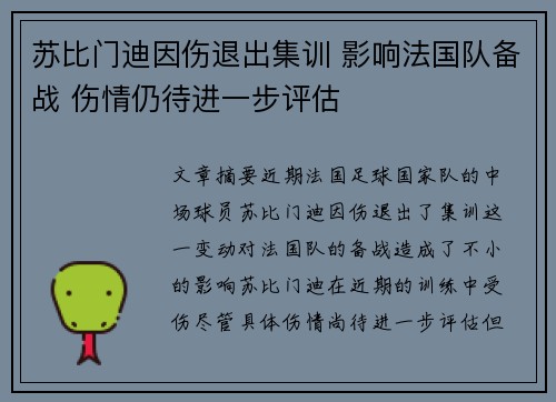 苏比门迪因伤退出集训 影响法国队备战 伤情仍待进一步评估